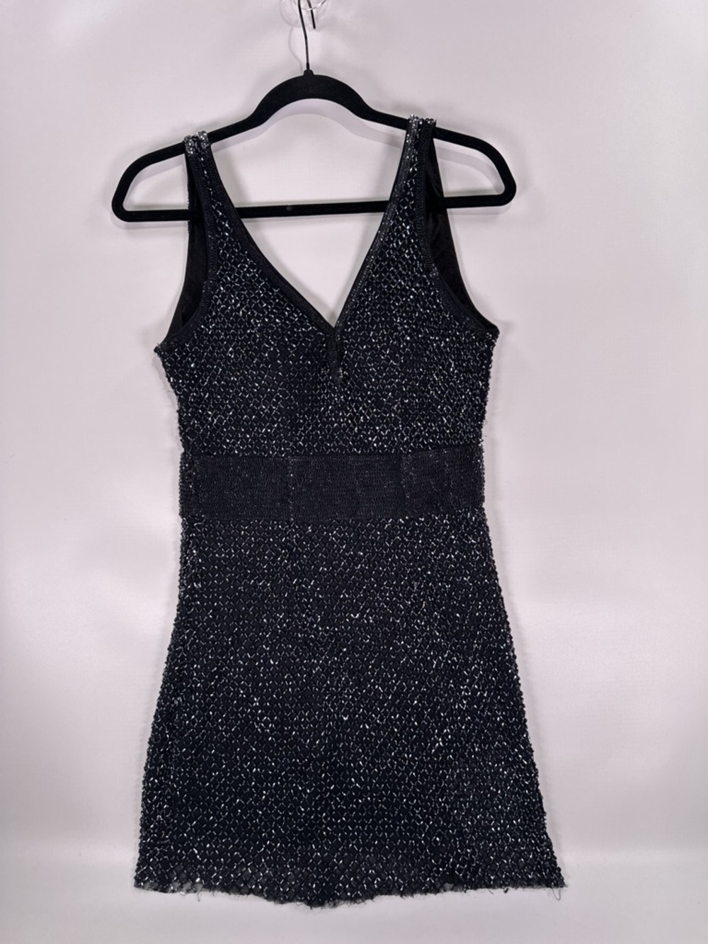 Mac Duggal Black Beaded Art Deco V-Neck Mini Dress 6 - Picture 2 of 11